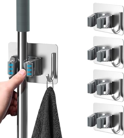Bezemhouder voor aan de muur, zelfklevend, 4 stuks, bezemhouders, afzonderlijke gereedschapshouders met haken, zonder boren, roestvrij staal, dweilhouder, bezem, lijmen voor keuken, badkamer