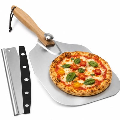 BOTC Pizzaschep-Aluminium pizzaspatel - Met wiegmes - Opvouwbaar houten handvat - Geschikt voor het bakken in een pizzaoven thuis-2stuks