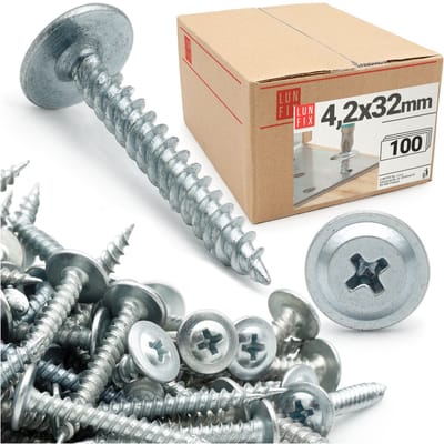 LUN FIX - Zelftappende plaatbouten - 100 Stk. - 4,2x32 mm - Verzinkt staal - Kruiskopschroeven voor hout, metaal, kunststof, hek, carport, dakplaten