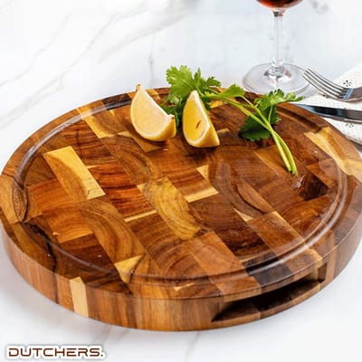 Dutchers® Professionele Acacia-houten Serveerplank - Serveerschaal Rond - Ronde Snijplank - Multifunctioneel Bord voor Voedselbereiding met handvaten