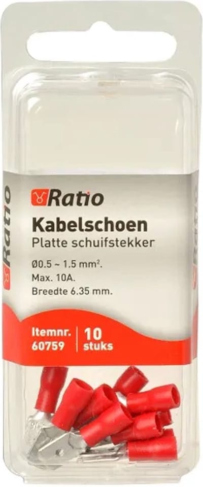 Ratio Kabelschoen Platte schuifstekker 0,5-1,5mm² - Vlakstekker - Rood - 10st in blister