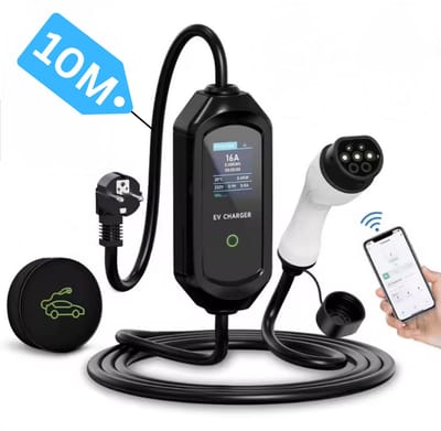 3.7 kW Mobiele thuislader elektrische auto Type 2 met mobiele App en gratis tas | 10 meter | 16A 1-fase | Instelbaar van 6A-16A | WiFi App | LCD Display | IP65 Waterdicht | Veilig & Flexibel Oplaadstation | Mobiele thuislader app
