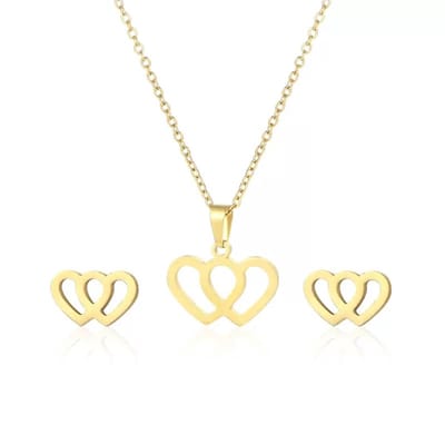 WeLoveSilver - goudkleurige ketting en oorstekers - dubbele hartjes