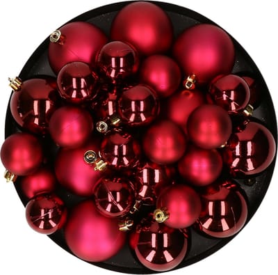 Kerstversiering kunststof kerstballen donkerrood 6-8-10 cm pakket van 22x stuks - Kerstboomversiering
