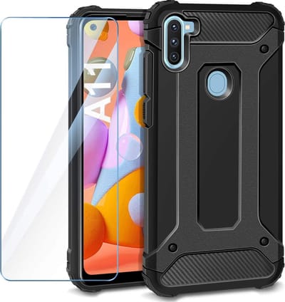 Hoesje Geschikt voor: Samsung Galaxy A11 Heavy Duty - Zwart + Tempered Screenprotector
