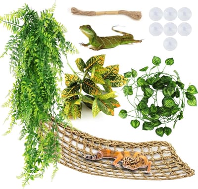 Gecko Habitat Decoratie Hangmat voor Reptielen met Kunstplanten en Klimvines, Ideaal voor Terrarium Accessoires voor Hagedissen, Slangen en Leguanen