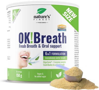 Nature's Finest OK!Breath – Ademverfrissend supplement met tijm en DigeZyme® enzymcomplex – Voor frisse adem – Spijsvertering – Vitamine C – Gember – Natuurlijk – Zonder toegevoegde suikers – Vegan – Gezonde mondverzorging