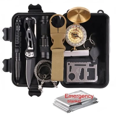 WiseGoods Premium Extreme Survival Set Outdoor XL - Mes - Zaklamp - Kompas - Waterproof Tool Noodkit Met Nooddeken - 11In1 Set -