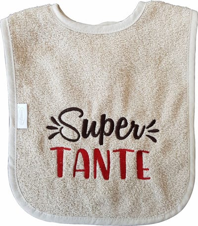 Crème slab met "Super Tante" - kraamcadeautje, cadeautje, babyshower, verjaardag, nieuwtje, slabbetje, slabbertje, slabje, bruin, beige