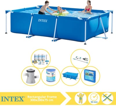 Intex Rechthoekig Frame Zwembad - 300 x 200 x 75 cm - Blauw - Inclusief Solarzeil - Onderhoudspakket - Zwembadfilterpomp - Filter - Stofzuiger - Vloertegels - 7-delig