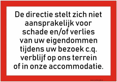 CombiCraft bord Niet aansprakelijk voor schade en diefstal Directie - 30x21 cm