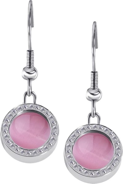 Quiges RVS Schroefsysteem Oorhangers Oorbellen Zilverkleurig met Zirkonia en Verwisselbare Roze Cat's Eye Mini Munt Set - ECOS171