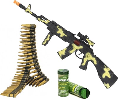Smiffys Soldaten / militairen verkleed set - Machinegeweer 59 cm met kogelriem - Met army bruin/groen schmink stift