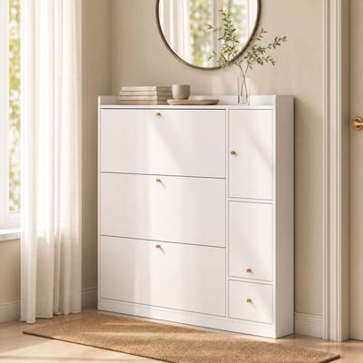 DESMIU Schoenenkast - Kipschoenenkast Met 3 Klaplades En Zitbank - Vrijstaand Voor Hal En Entree - Spaanplaat - 119x24x122 Cm - Wit