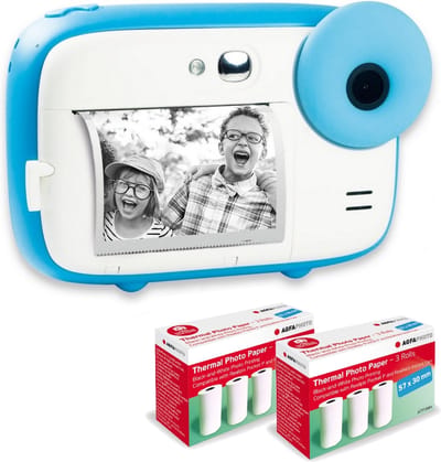 AGFA Photo Pack Realikids Instant Cam + 6 extra ATP3WH thermische papierrollen – Instantcamera voor kinderen, 2,4" LCD-scherm, lithiumbatterij, selfie-spiegel en fotofilter – Blauw