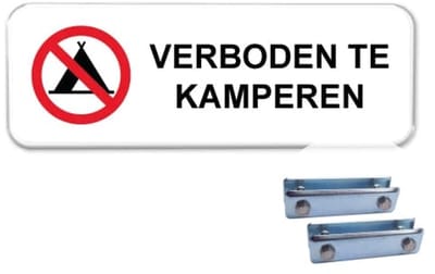 Parkeerbord Verboden te kamperen - Weerbestendig Aluminium - 40x15 cm - Bevestiging: Met hekbeugels (voor spijlen- of gaashek)