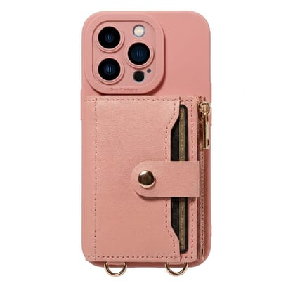 Roze telefoon hoesje met portemonnee en rits geschikt voor iPhone 13 Pro – kunstleer beschermende wallet case voor dames en heren met pasjeshouder, druksluiting, draagkoord bevestiging en standaard functie