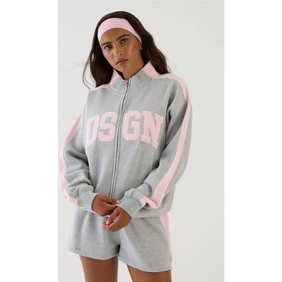 Dames Dsgn Studio Trainingspak Met Zijstreep, Trechternek En Ritssluiting - Bomberjack En Korte Broek | Grey Marl | Maat: Small