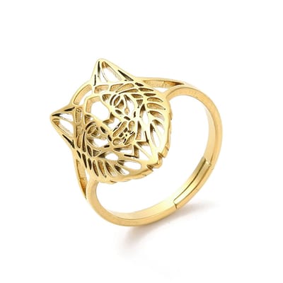 Ring stainless steel wolf bohemian, one size ring, goudkleurig, 100% waterproof, verstelbare ring, cadeau