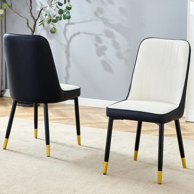 Set van 2 eetkamerstoelen – moderne eetkamerstoelen met rugleuning van PU-leer in een zwart-witte combinatie en zwarte metalen poten, geschikt voor diverse ruimtes zoals eetkamer en keuken.