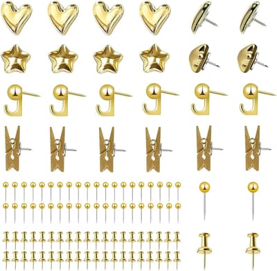 Duimspijkers set 100 stuks - Gouden decoratieve spijkers - 6 verschillende ontwerpen - Voor prikbord en thuis - ShopVlot