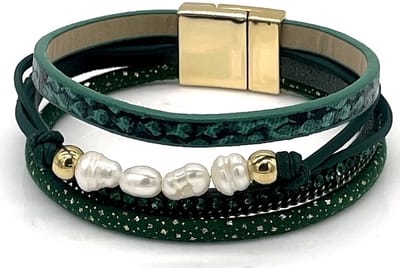 Armband - leer met parels - groen - 18x1,5 cm - dames
