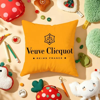 Housse de coussin de luxe V-Veuve C-Clicquot Tissu pelucheux Douce Imprimée recto-verso Canapé Chaud Hiver Cadeau Maison Housse de coussin Linen 30*30(CM)-1Pcs