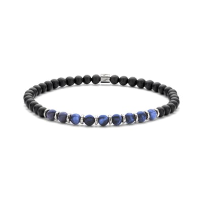 Frank 1967 7FB-0685 Kralen Armband 4mm - Agaat - Mat Lapis Lazuli - Staal - Rekbaar - 19cm - Zwart - Blauw