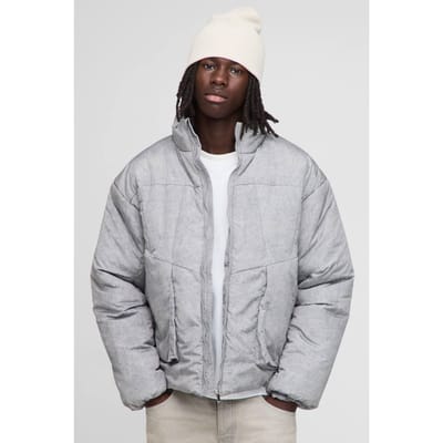 Oversized Boxy Fit Washed Nylon Padded Funnel Neck Puffer Jacket | Grey | Size XS