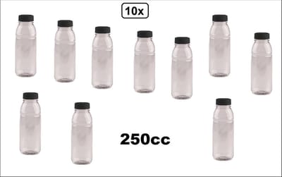 10x Flesje PET helder 250cc + zwarte dop - 38mm x 140mm - drink fles vruchten sap limonade drank festival thema feest