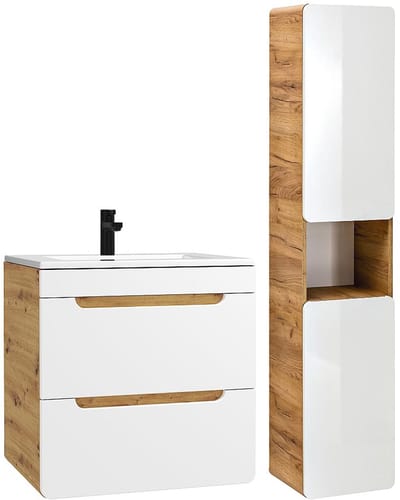 Vente-unique Zwevend badkamermeubel met inbouwwaskom en kolomkast - Naturel en wit - 60 cm - ARUBA