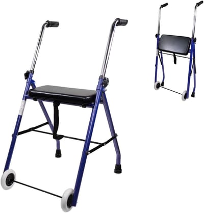 Mobiclinic Emerita - Looprek met wielen - Lichtgewicht en Inklapbaar - Opvouwbaar - Rollator - Met 2 wielen - Gewatteerde zitting - In hoogte verstelbaar - Antislip - Blauw