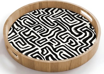 Dienblad rond 40x40 cm - Schootdienblad hout - Grafisch - Lijnen - Zwart - Wit - Borrelplank rechthoek - Plateau houten dienbladen