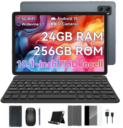 KINGRID T20 Tablet - 24GB RAM - 256GB ROM - Met Toetsenbord - Met Lederen Hoesje - Android 15 - 10.1 inch - 5000mAh - OTG - Grijs