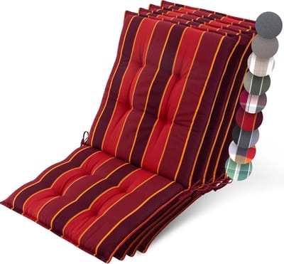Beautissu Sun-NL – Set van 4 Premium Lage Rugleuning Kussen 100x50 cm - UV-bestendig & 8cm Dik Kussen Tuinstoelkussen Antislip Bevestigingsbanden – Stevige Stof Rood Gestreept
