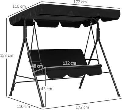 KikiLuxe tuinschommel - schommelbank - schommel - tuinbank - overkapping - draaibaar - 3-zits - 172x110x153cm - zwart -