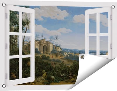Gards Tuinposter Doorkijk Gezicht op Olinda, Brazilië - Frans Jansz. Post - 60x40 cm - Tuindoek - Tuindecoratie - Wanddecoratie buiten - Tuinschilderij
