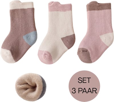 Set 3 paar babysokjes Roze-Lichtbruin - Zacht katoen - Ideaal kraamcadeau - 0-6 maanden