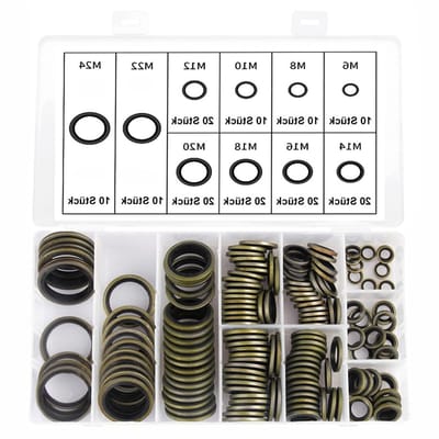 Set van 150 hydraulische afdichtringen met rubber lip, olieafvoerplug en 10 maten, Ø 6-24 mm, voor betrouwbare afdichting en lekpreventie