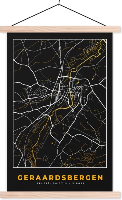 Posterhanger incl. Poster 40x60 cm - Schoolplaat - Stadskaart - Goud - Geraardsbergen - Plattegrond - Kaart - Textielposter - Blanke latten - Stadskaart