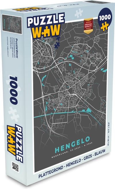 Puzzel Plattegrond - Hengelo - Grijs - Blauw - Legpuzzel - Puzzel 1000 stukjes volwassenen - Stadskaart