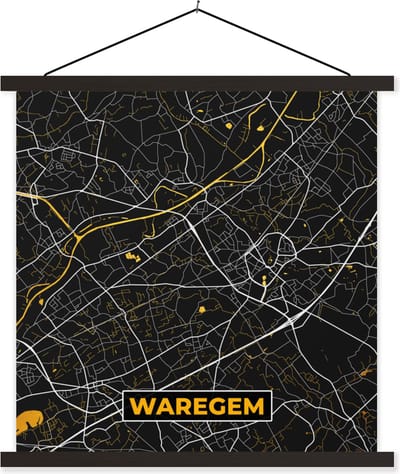 Posterhanger incl. Poster 60x60 cm - Schoolplaat - Waregem - Stadskaart - Kaart - Plattegrond - Goud - Textielposter - Zwarte latten - Stadskaart