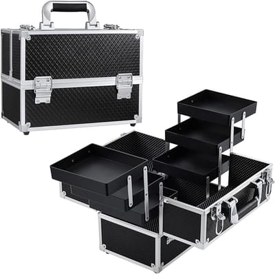 Beautycase Antraciet – Cosmeticakoffer met Slot – Aluminium/MDF, Waterafstotend – Compact 30,5×18×22,5 cm