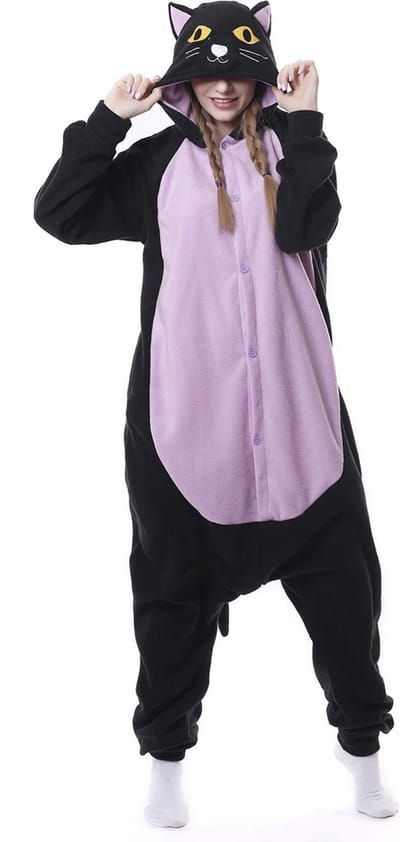 KIMU® Onesie Zwarte Kat Paars Poes Pak - Maat XS-S of 152-158 - Poezenpak Kostuum Paarse Cat Poesje Kitten Kattenpak Huispak Fleece Pyjama Zwart Dames Festival