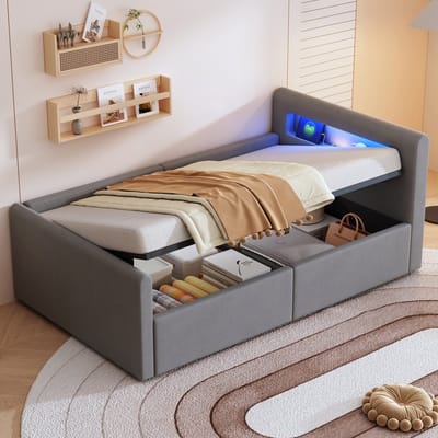 DESMIU Kinderbed 90x200 Cm - Bed Met Ledverlichting, Nachtlampje En Usb-Oplaadpoort - Hydraulische Opbergruimte - Voor Kinderkamer - Fluweel - Grijs - Zonder Matras
