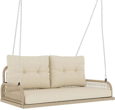 Hollywood Schommel - Rotan Schommelbank met Kussens & Kettingen - 2-zits Tuinbank - Tuinschommel 2 Personen - tot 240 kg - Schommelstoel - Tuinmeubelen - voor Tuin, Terras, Balkon - Beige