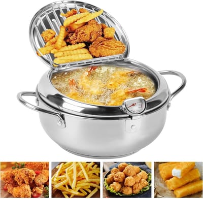 Kleine Frituur Pan - Mini Friteuse Diameter 21cm -Friteuse 2.2 Liter - Met Thermometer -Huisraad Friteuse - Chipfriteuse - Friteuse - Makkelijk Schoon Te Maken - Geschikt Voor Gas En Inductie - Zilver
