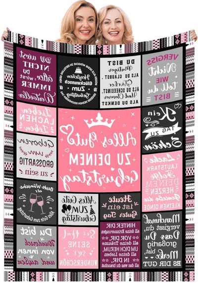 Allecto Plus - Verjaardagscadeau vrouwen meisjes vriendin zus collega - Grappig cadeau ideeën - Happy Birthday decoratiedeken - 50 x 130 cm