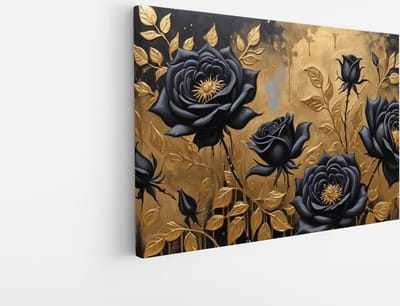 Saammp Canvas Schilderij - Bloemen - Zwart - goud - Abstract - 30x20 - Foto op canvas - Wanddecoratie - Muurdecoratie Woonkamer - Kantoor Decoratie