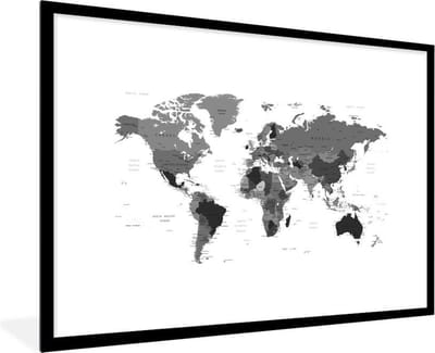 Poster in lijst - Fotolijst 90x60 cm - Posters - Wereldkaart - Kleuren - Topografie - Kinderen - Jongens - Meisjes - Posterlijst zwart - Decoratie - Wanddecoratie woonkamer - Muurdecoratie slaapkamer